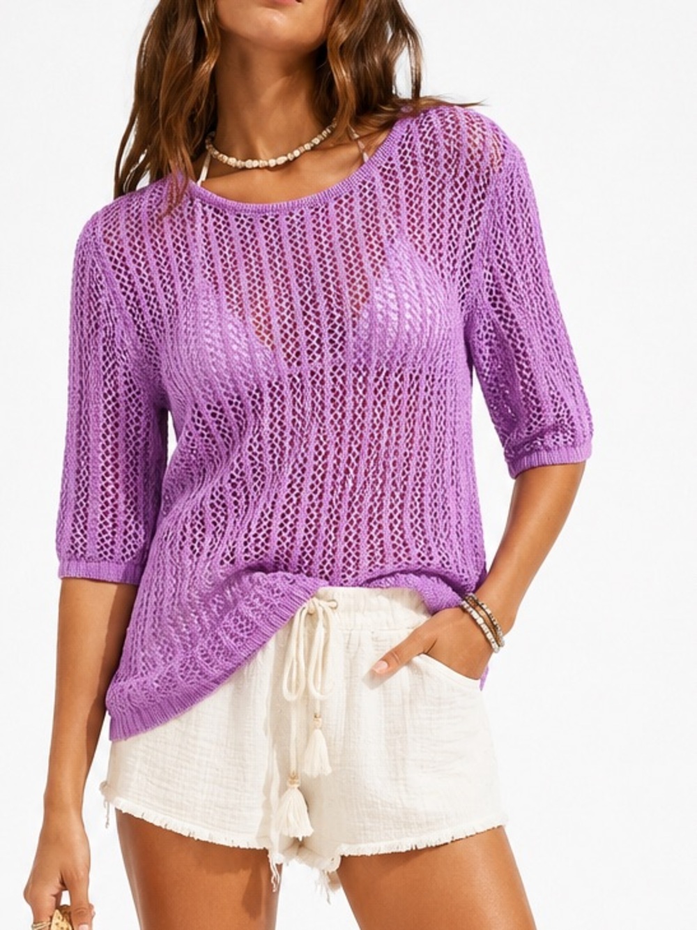 Free People Beach Lavender Purple Lightweight Crochet Open Knit Top Size Small